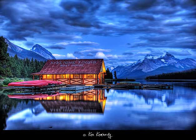 Jasper-Maligne-Lake-Boathouse-at-Dusk by Ken Kaminesky