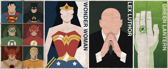 Minimalist art deco poster design of DC heroes and villains